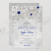 Royal Blue Snowflakes Tiara Sweet 16 Kaart (Voorkant / Achterkant)