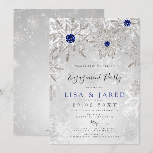 Royal Blue Snowflakes Winter Engagement Party Kaart (Voorkant / Achterkant)