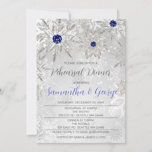 Royal Blue Snowflakes Winter Rehearsal Dinner Kaart (Voorkant)