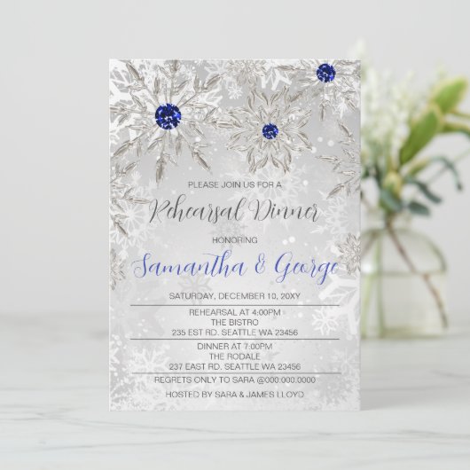 Royal Blue Snowflakes Winter Rehearsal Dinner Kaart (Staand voorkant)