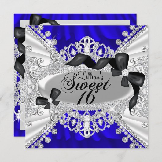 Royal Blue Sparkle Diamond & Bow Sweet 16 Invite Kaart (Voorkant / Achterkant)