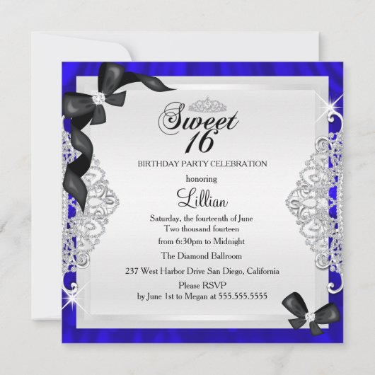 Royal Blue Sparkle Diamond & Bow Sweet 16 Invite Kaart (Achterkant)