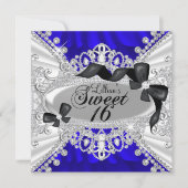 Royal Blue Sparkle Diamond & Bow Sweet 16 Invite Kaart (Voorkant)