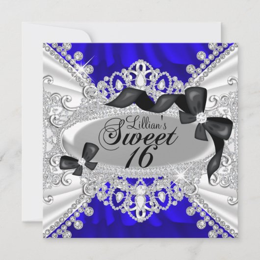 Royal Blue Sparkle Diamond & Bow Sweet 16 Invite Kaart (Voorkant)