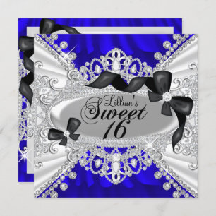 Royal Blue Sparkle Diamond & Bow Sweet 16 Invite Kaart