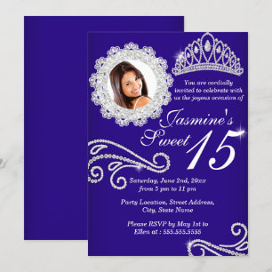 Royal Blue Sparkle Diamond Tiara Foto Quinceanera Kaart