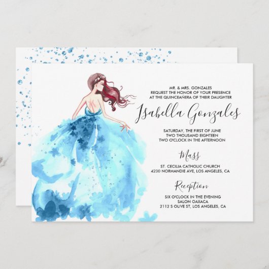 Royal Blue Sparkle Jurk Quinceañera Uitnodiging (Voorkant / Achterkant)