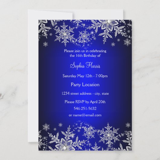 Royal Blue Sparkle Snowflake Sweet 16 Invite Kaart (Achterkant)
