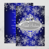 Royal Blue Sparkle Snowflake Sweet 16 Invite Kaart (Voorkant / Achterkant)
