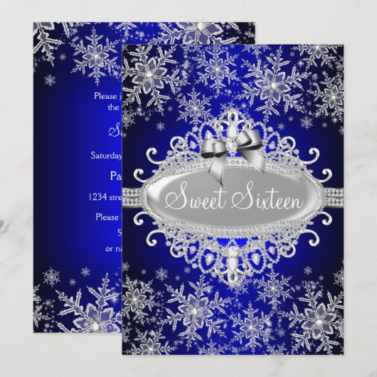 Royal Blue Sparkle Snowflake Sweet 16 Invite Kaart (Voorkant / Achterkant)