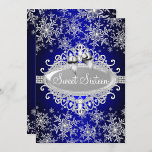 Royal Blue Sparkle Snowflake Sweet 16 Invite Kaart