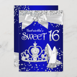 Royal Blue Sparkle Tiara Heels Sweet 16 Party Kaart