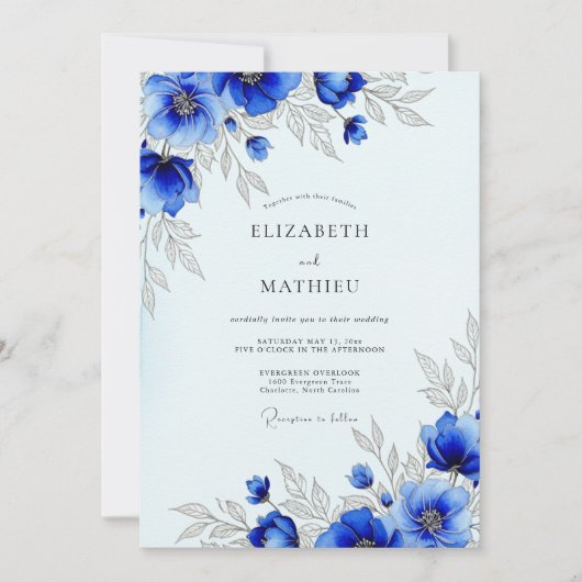 Royal Blue Striking Botanical Wedding Kaart (Voorkant)