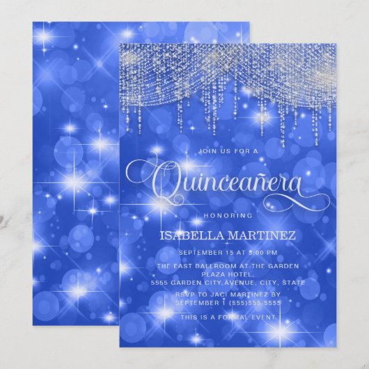 Royal Blue String Lights Sparkle Quinceañera Kaart (Voorkant / Achterkant)
