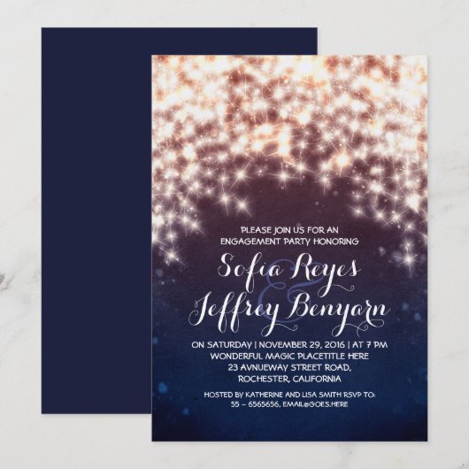 Royal Blue String Lights verlovingsfeest nodigt ui Kaart (Voorkant / Achterkant)