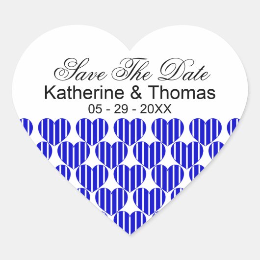 Royal Blue Striped Hearts Save The Date Stickers (Voorkant)