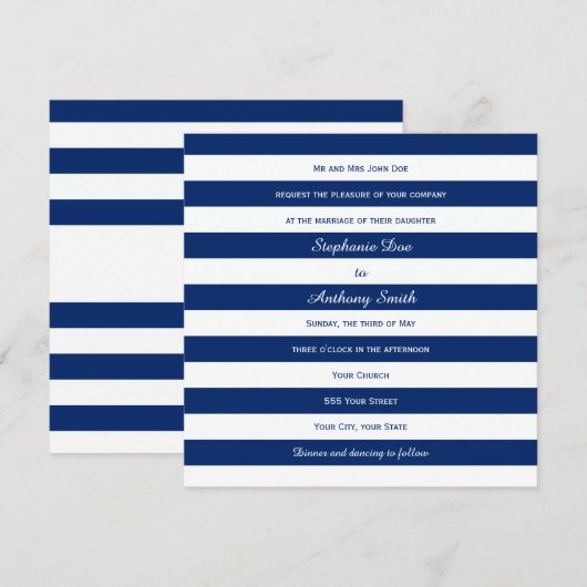 Royal Blue Striped Wedding Kaart (Voorkant / Achterkant)