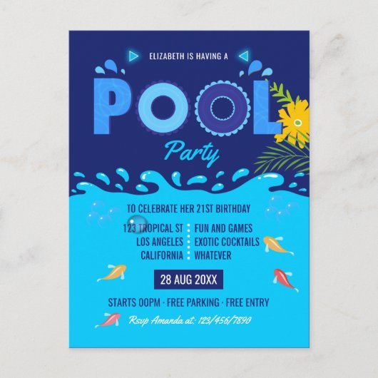 Royal Blue Summer Pool Birthday Party Briefkaart (Voorkant)