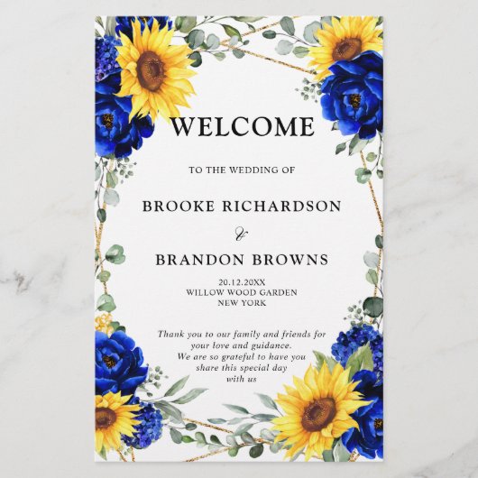 Royal Blue Sunflower Geometric Wedding Programme (Voorkant)