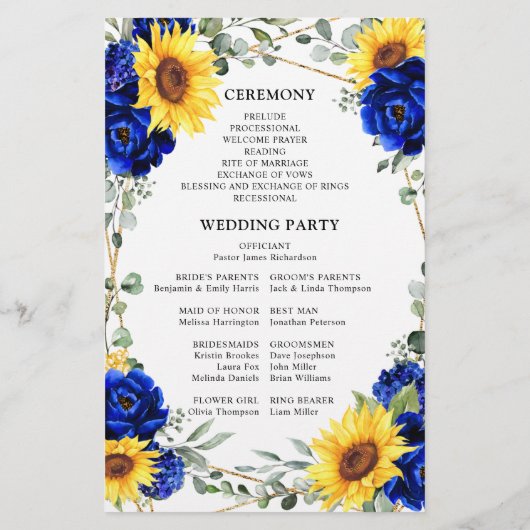 Royal Blue Sunflower Geometric Wedding Programme (Achterkant)