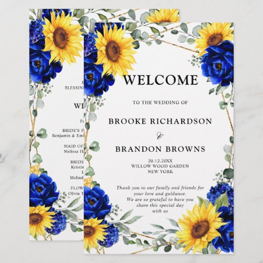 Royal Blue Sunflower Geometric Wedding Programme (Voorkant / Achterkant)