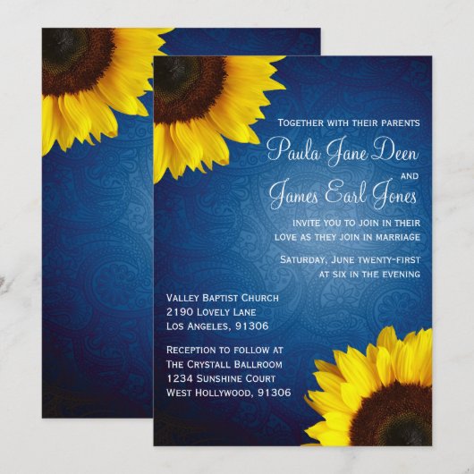 Royal Blue & Sunflower Uitnodiging (Voorkant / Achterkant)