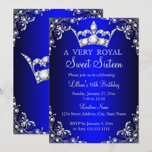 Royal Blue Sweet 16 Silver Pearl Damask crown Kaart (Voorkant / Achterkant)