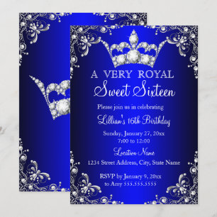 Royal Blue Sweet 16 Silver Pearl Damask crown Kaart