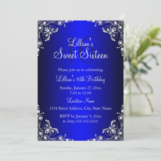 Royal Blue Sweet 16 Silver Pearl Damask Kaart (Staand voorkant)