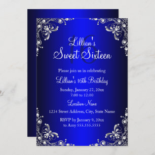 Royal Blue Sweet 16 Silver Pearl Damask Kaart