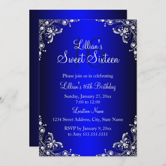 Royal Blue Sweet 16 Silver Pearl Damask Kaart (Voorkant / Achterkant)