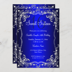 Royal Blue Sweet 16 Silver Pearl Damask party Kaart