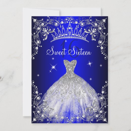 Royal Blue Sweet 16 Silver Pearl Dress party Kaart (Voorkant)