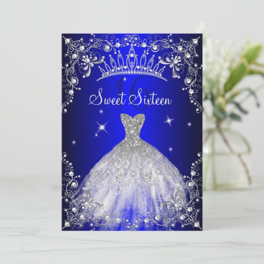 Royal Blue Sweet 16 Silver Pearl Dress party Kaart (Staand voorkant)