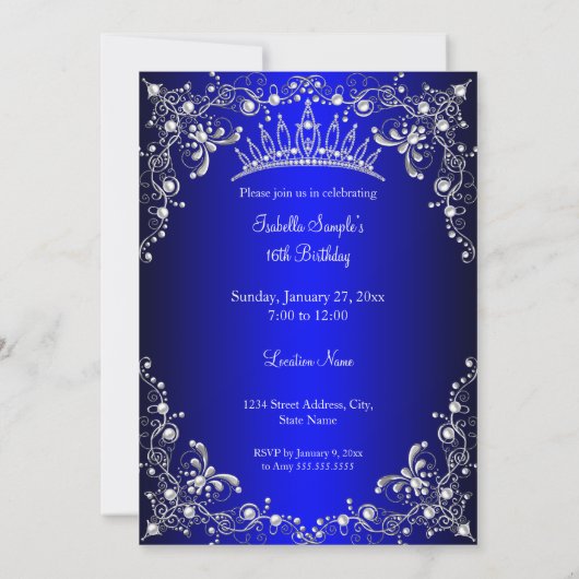 Royal Blue Sweet 16 Silver Pearl Dress party Kaart (Achterkant)
