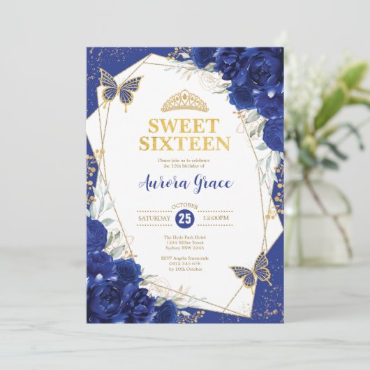 Royal Blue Sweet 16 Vlinders Geometrische Party Kaart (Staand voorkant)