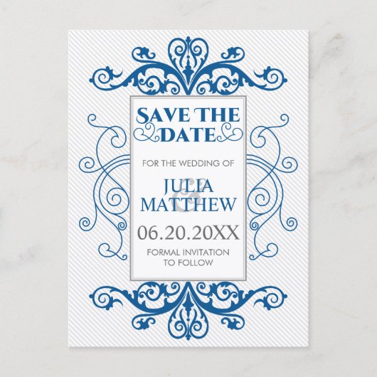 Royal Blue Swirls Wedding Save the Date Aankondigingskaart (Voorkant)