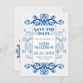 Royal Blue Swirls Wedding Save the Date Aankondigingskaart (Voorkant / Achterkant)