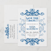 Royal Blue  Swirls Wedding Save the Date Aankondigingskaart (Voorkant / Achterkant)
