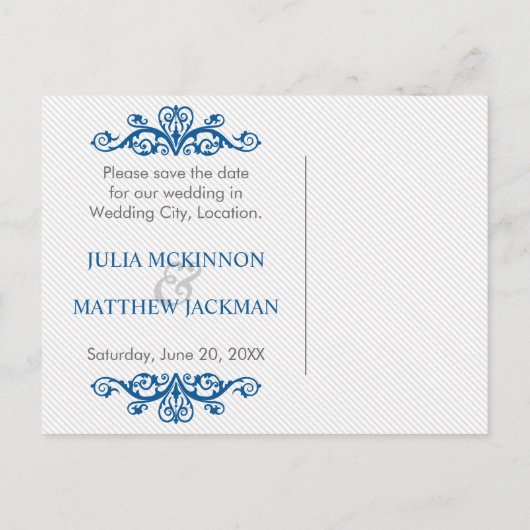 Royal Blue  Swirls Wedding Save the Date Aankondigingskaart (Achterkant)