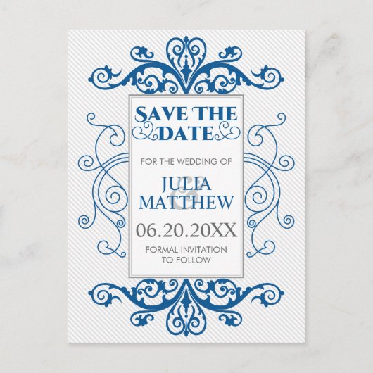 Royal Blue  Swirls Wedding Save the Date Aankondigingskaart (Voorkant)