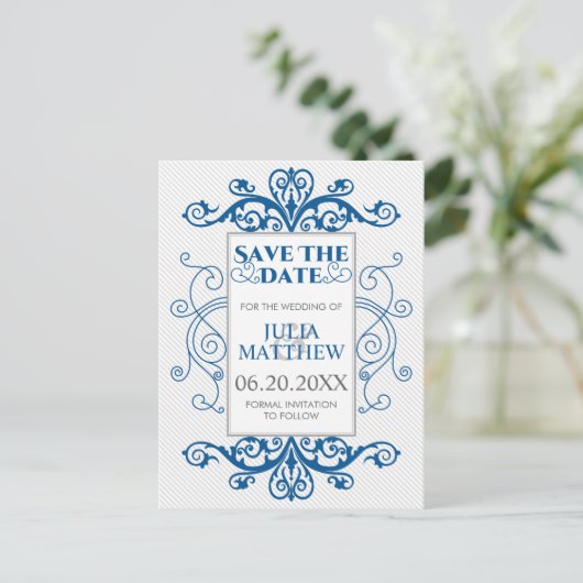 Royal Blue  Swirls Wedding Save the Date Aankondigingskaart (Staand voorkant)