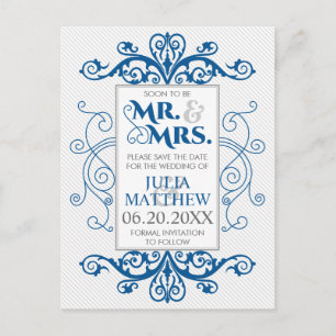 Royal Blue  Swirls Wedding Save the Date Aankondigingskaart