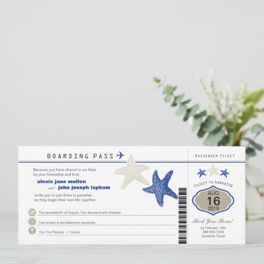 Royal Blue Tan Starfish Boarding Pass Weddenschap Kaart (Staand voorkant)