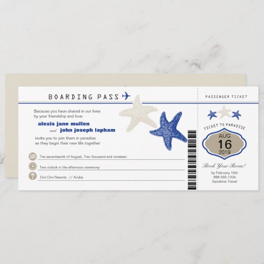 Royal Blue Tan Starfish Boarding Pass Weddenschap Kaart (Voorkant / Achterkant)