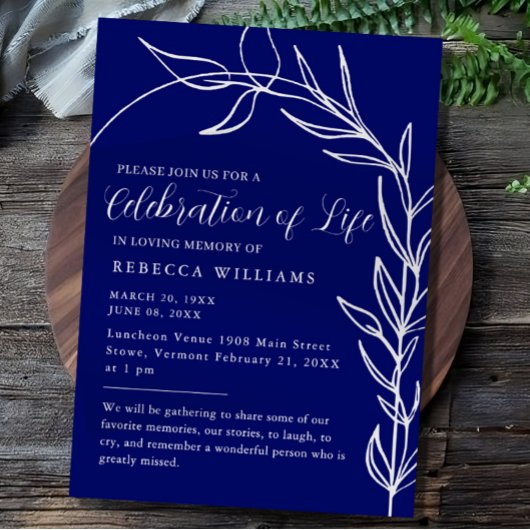 Royal Blue Text Minimal Celebration of Life Kaart