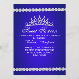 Royal Blue Tiara Sweet Sixteen Verjaardag Uitnodig Kaart