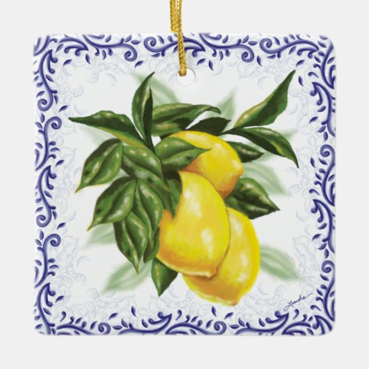 Royal Blue Toile Filigree Lemons Ornament (Voorkant)