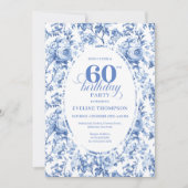 Royal Blue Toile Roses 60th Birthday Invite Printa Kaart (Voorkant)