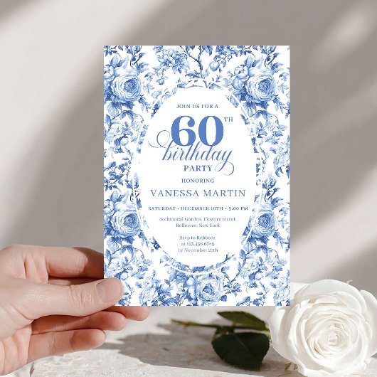 Royal Blue Toile Roses 60th Birthday Invite Printa Kaart